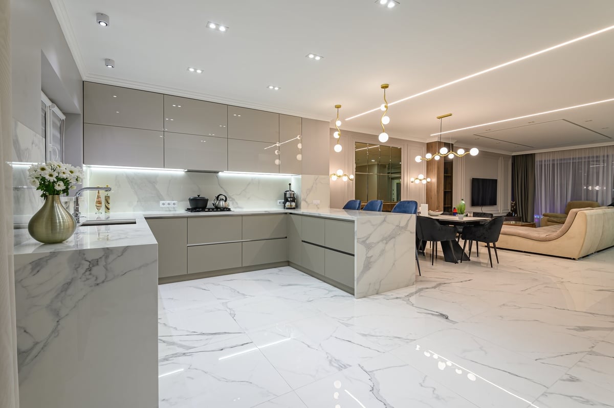 Luxury white marble kitchen floor in a Virginia home