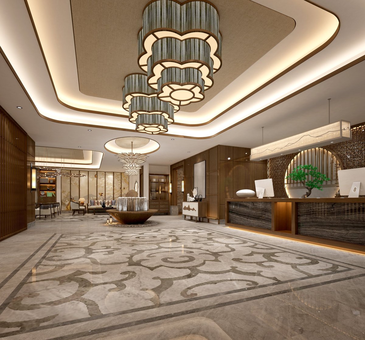 Historic building lobby with restored polished marble floor in Richmond, Virginia