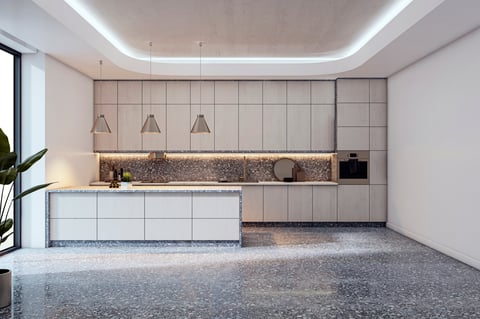 Contemporary kitchen interior with terrazzo floor, wood panel cabinets