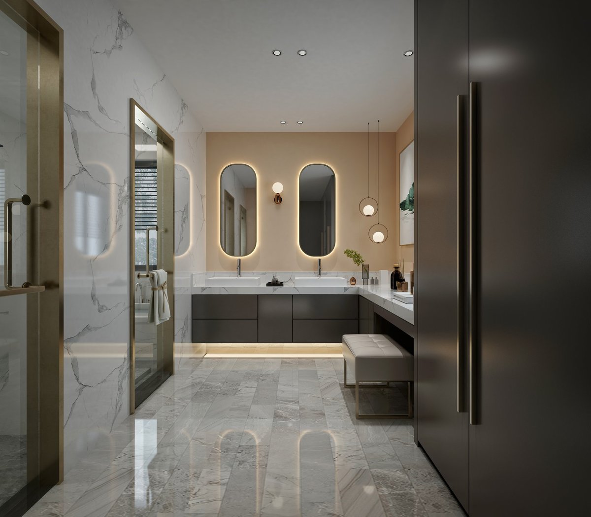 Luxury bathroom with polished marble surfaces