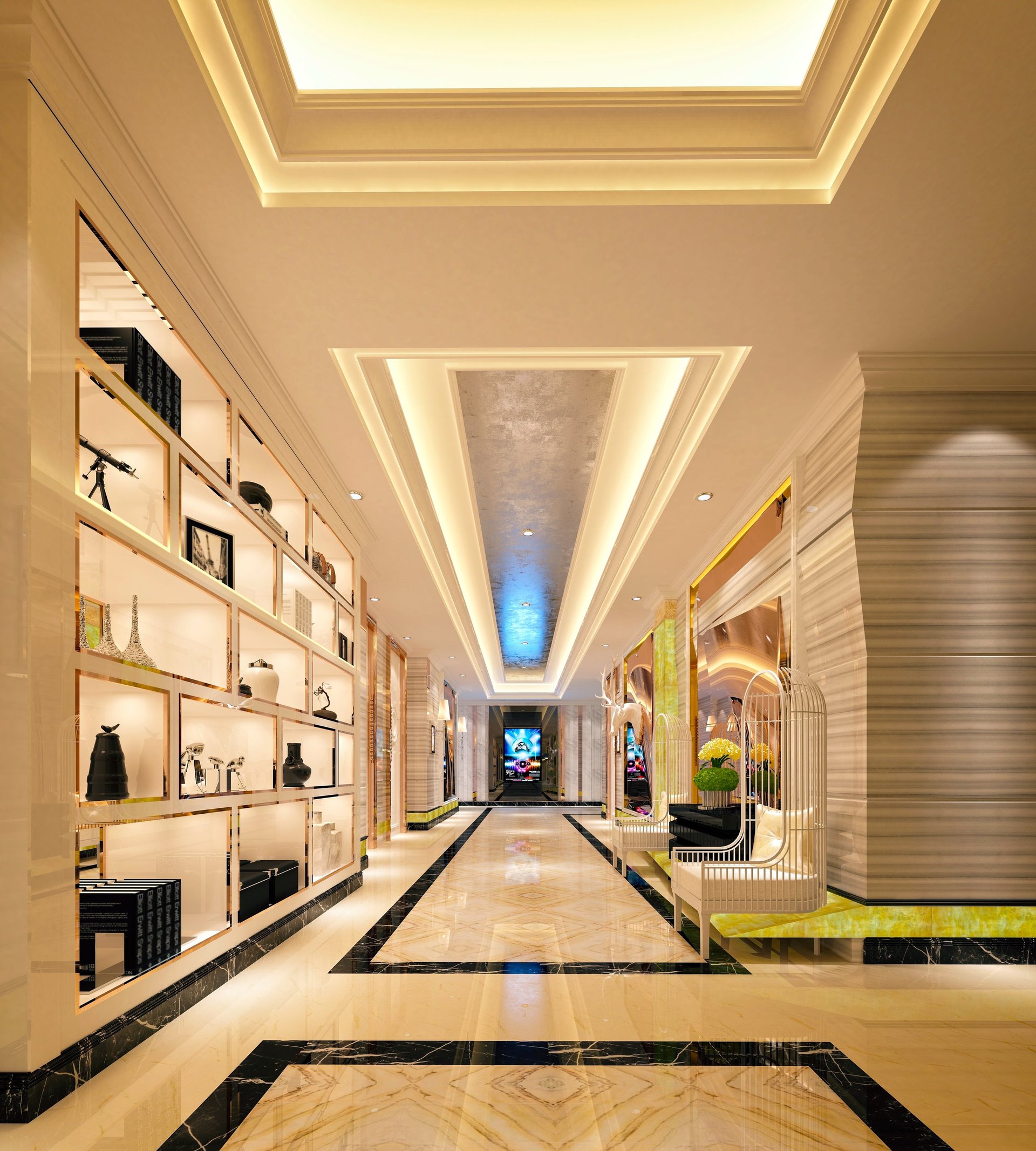 Elegant interior corridor with a highly polished marble floor