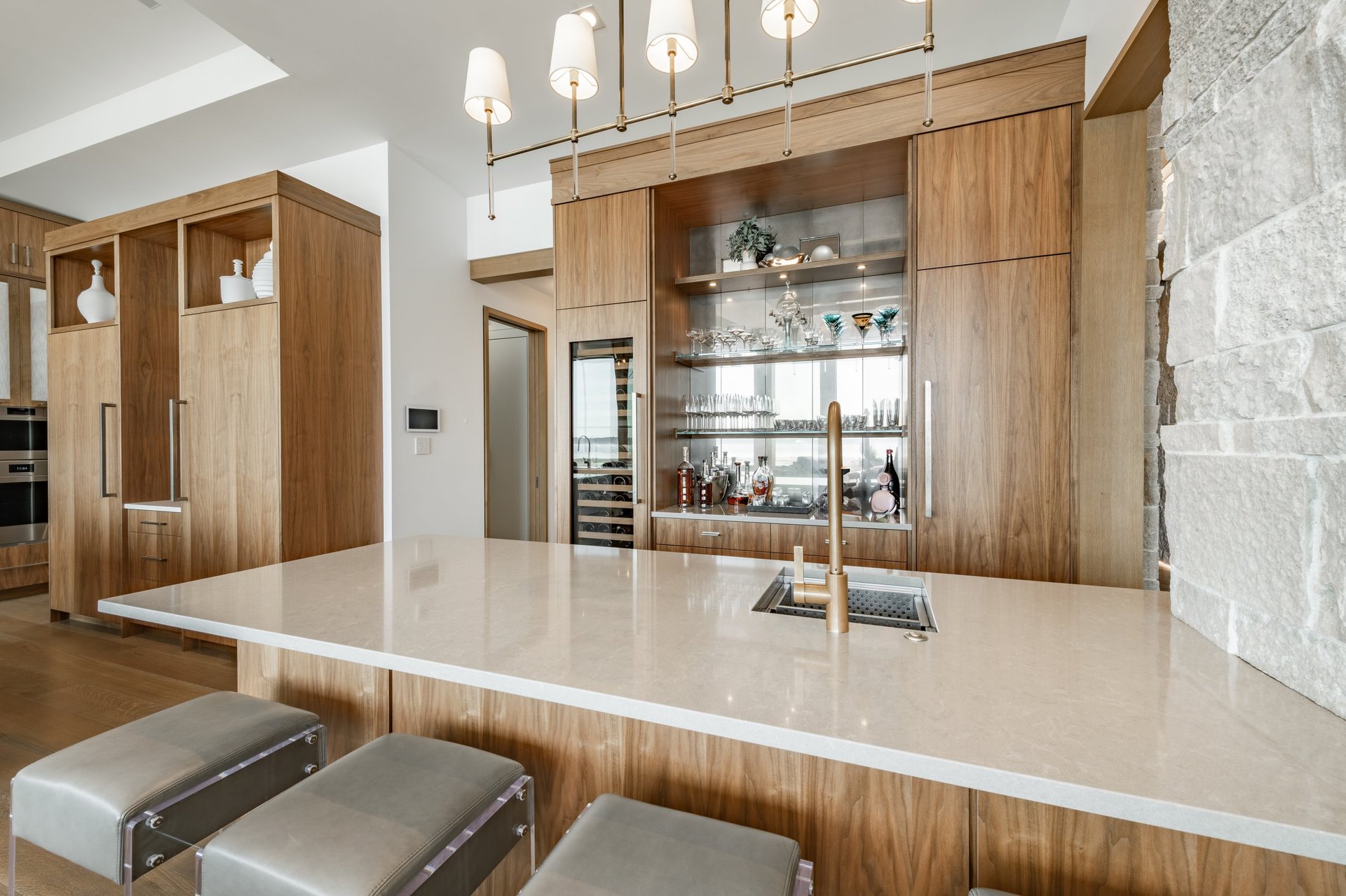 Modern North Carolina kitchen with polished white marble countertops and veining