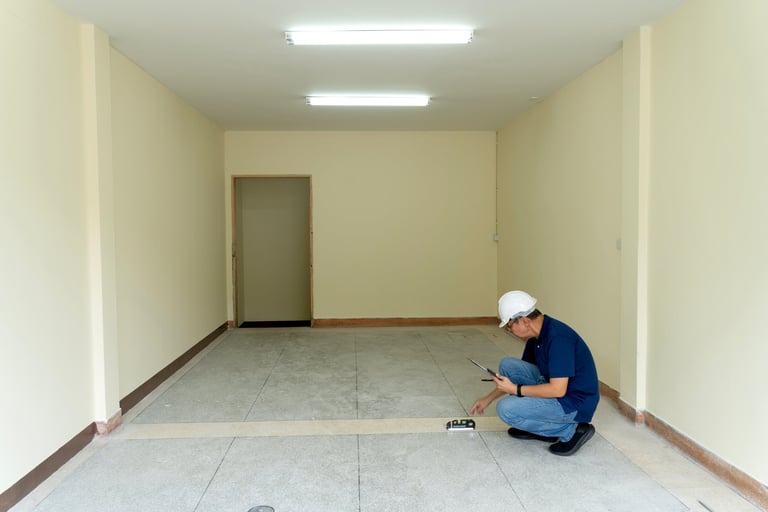 Professional inspector examining floor during home assessment in Virginia