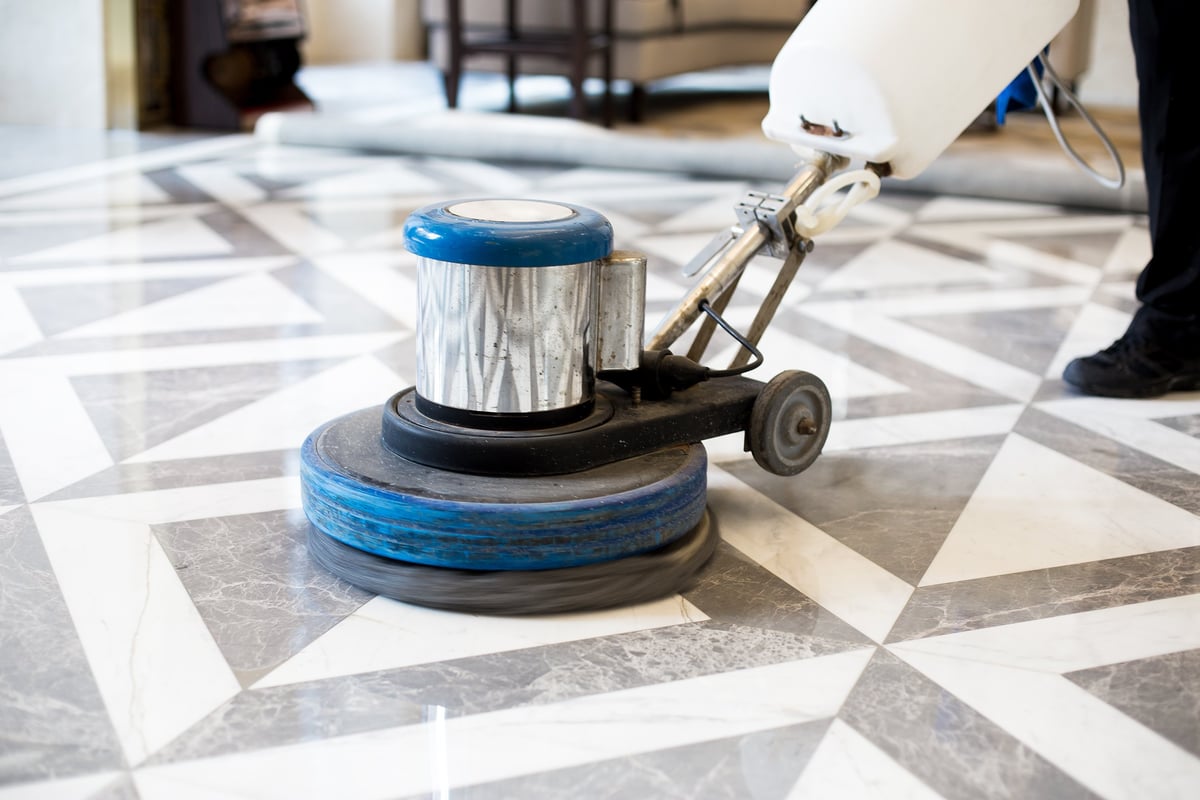 Marble floor polishing being performed on a large marble floor in Raleigh North Carolina