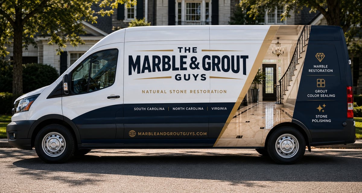 White and blue service van for The Marble and Grout Guys natural stone restoration company parked in front of a residential home