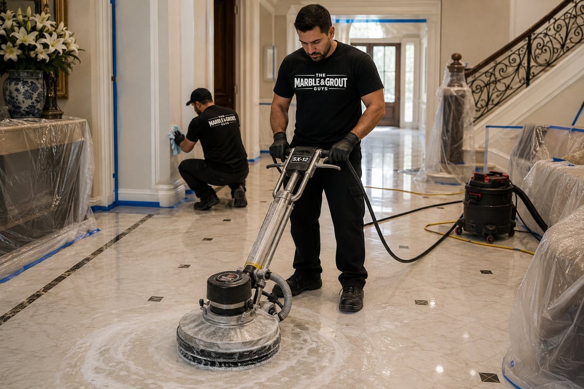 Crew cleaning a large marble floor in a Virginia foyer with a staircase