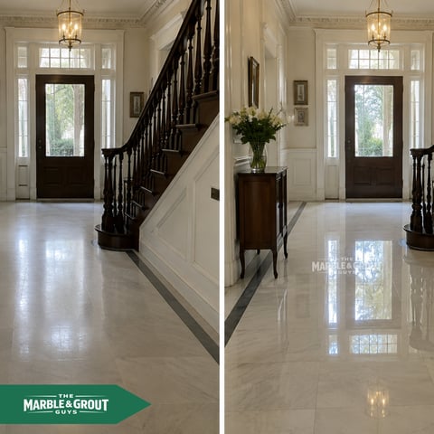Before and after comparison of a marble foyer with black staircase, showing polished flooring results