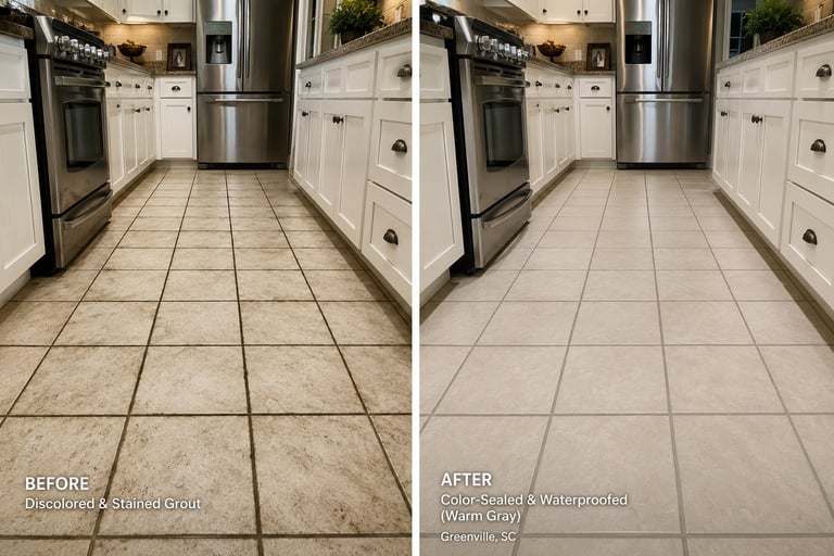 Before and after kitchen floor cleaning, showing dirty grout transformed to sealed and waterproofed tiles